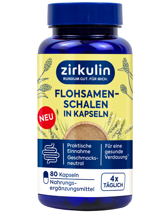 Eine Flasche „Zirkulin Flohsamenschalen-Kapseln“, die für die tägliche Einnahme vorgesehen ist. Die blau-gelbe Verpackung enthält 80 Kapseln, die sich praktisch einnehmen lassen, einen neutralen Geschmack haben und eine gesunde Verdauung unterstützen.