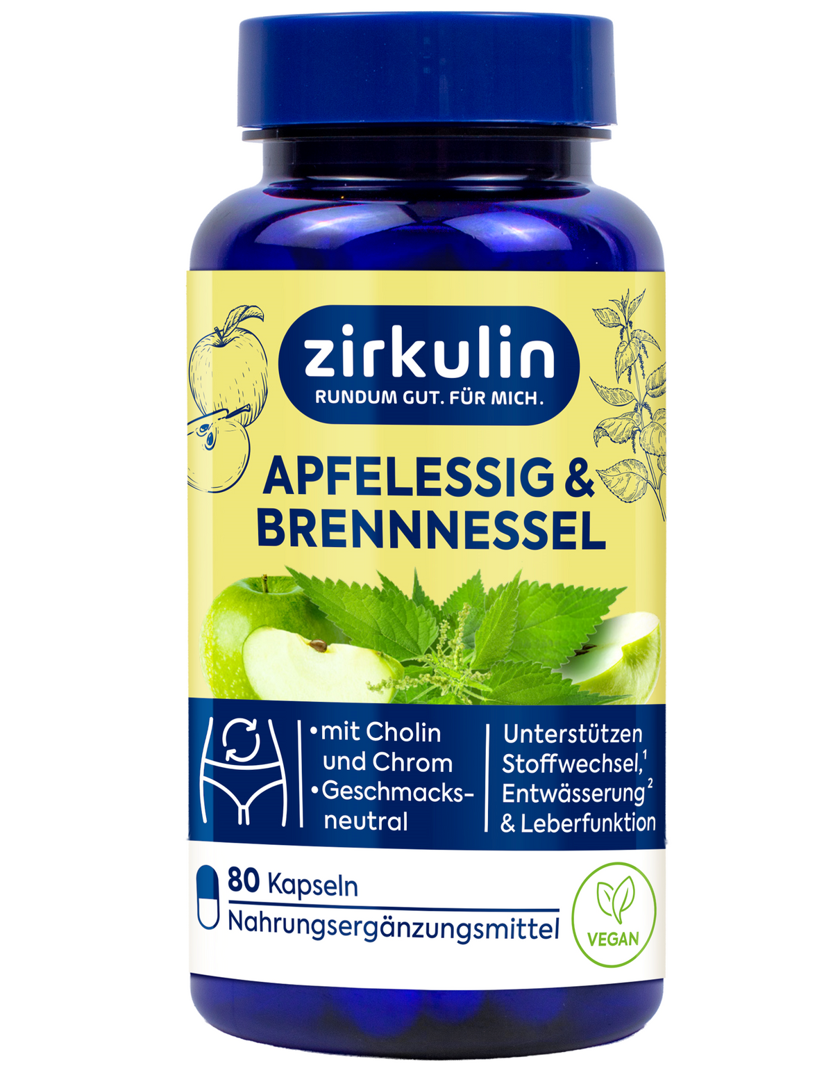 Eine blaue Flasche „Zirkulin Apfelessig + Brennnessel-Kapseln“, auf deren Etikett Abbildungen von Äpfeln und Brennnesselblättern zu sehen sind. Die Flasche enthält 80 vegane Kapseln mit Brennnesselblattextrakt und Cholin und soll den Stoffwechsel sowie die Leberfunktion unterstützen.