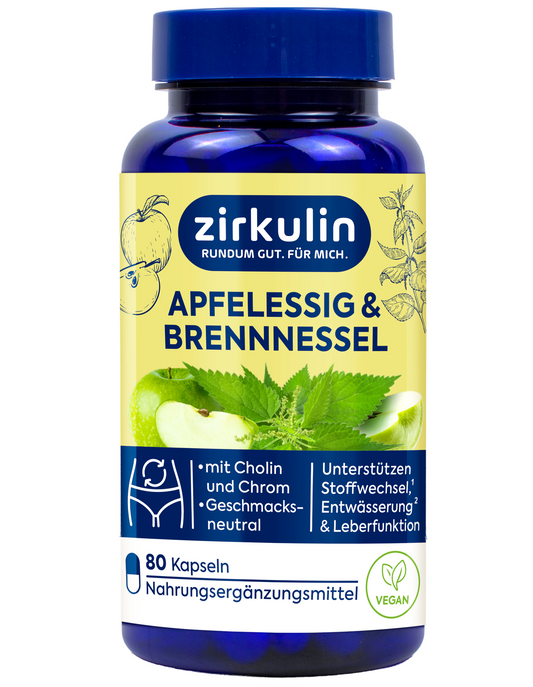 Eine blaue Flasche „Zirkulin Apfelessig + Brennnessel-Kapseln“, auf deren Etikett Abbildungen von Äpfeln und Brennnesselblättern zu sehen sind. Die Flasche enthält 80 vegane Kapseln mit Brennnesselblattextrakt und Cholin und soll den Stoffwechsel sowie die Leberfunktion unterstützen.
